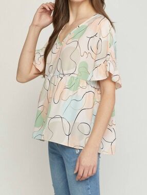 Entro Pastel Abstract Peplum Blouse, Size Small